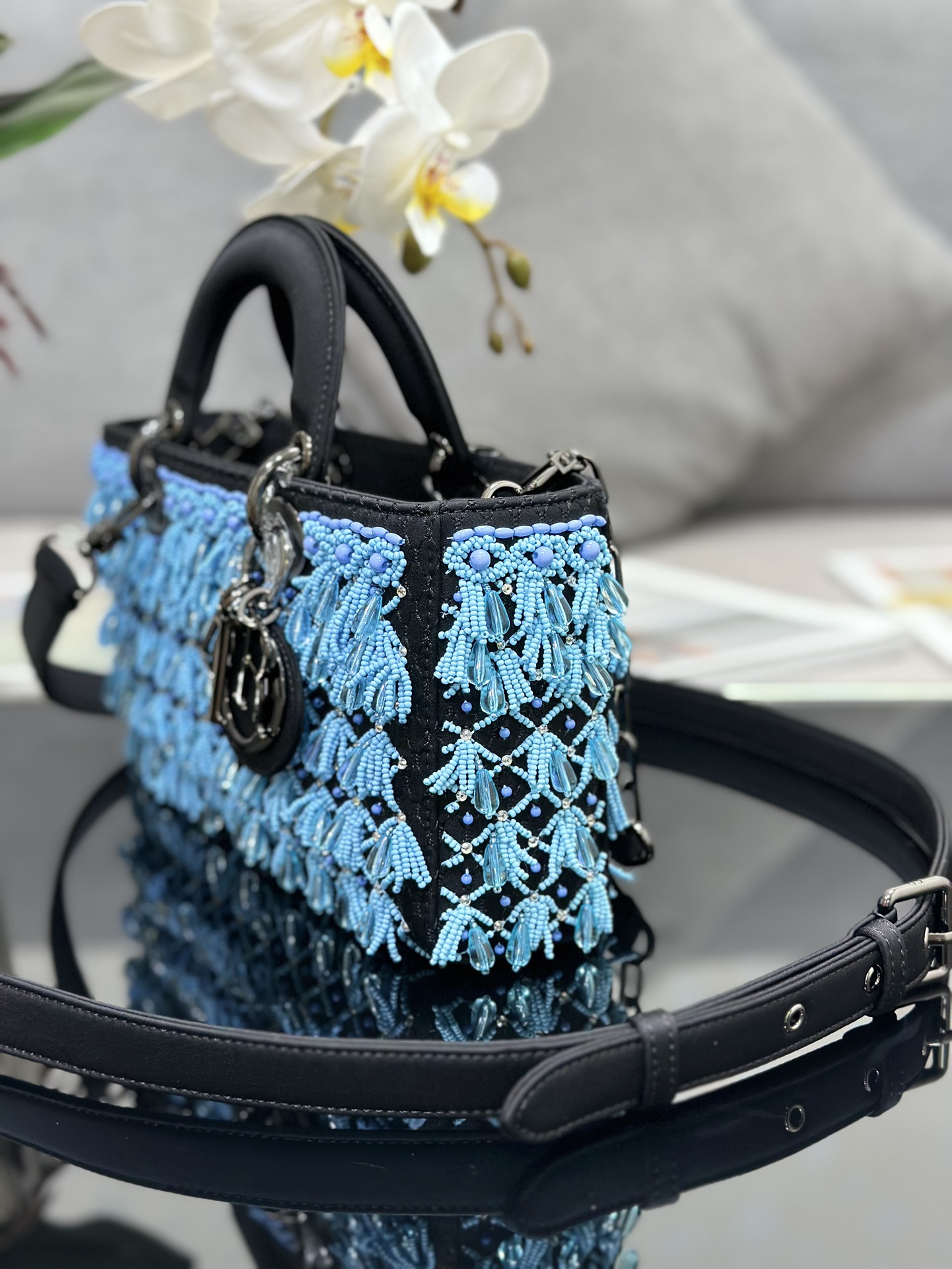 Medium Lady D-Joy Bag Black Satin Embroidered with Blue Beads